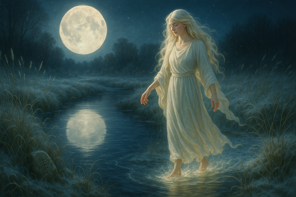 A moonlit Irish river glows blue-white as it winds through frost-silvered reeds and meadows, mist rising softly from its surface. The goddess Boann walks along the far bank, her silver-gold hair and flowing linen robes melting frost into shimmering water with each step. A full winter moon reflects perfectly in the river, while gentle starlit motes drift around her — a serene scene of Irish mythology, sacred waterways, and divine movement beneath the stillness of winter.