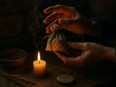 A witch reawakens an old Irish charm pouch beside a softly glowing candle, her hands held over the faded linen bundle as faint sparks glimmer within it, showing the spell stirring back to life. Incense smoke rises in gentle curls through warm amber light, while saltwater, dried herbs, and an ogham-etched stone rest nearby on a rustic cottage altar. The rough stone and timber of an old Irish hearth frame the scene, creating an atmosphere of renewal, breath-magic, and the ancient practice of reawakening sleeping charms.