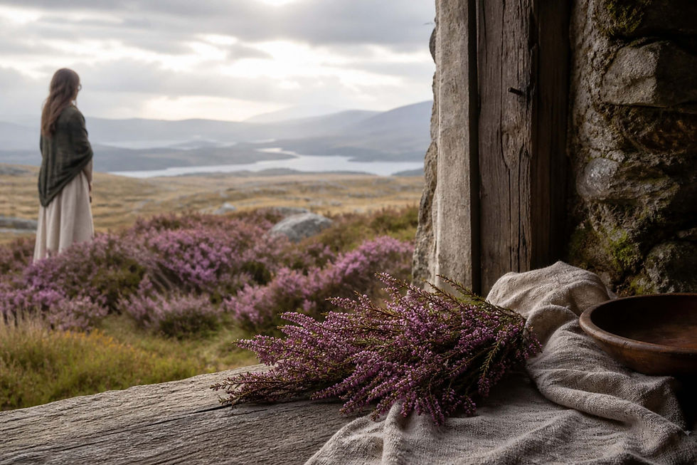 Irish-Celtic image of flowering heather laid near an old stone cottage threshold with open Irish heathland beyond, expressing quiet protection, steady strength, and soft herbal blessing. The low purple bloom, weathered stone, muted natural light, and sacred stillness evoke Irish-rooted herbal wisdom, land-based witchcraft, and the gentle guarding power of heather in the Craft.