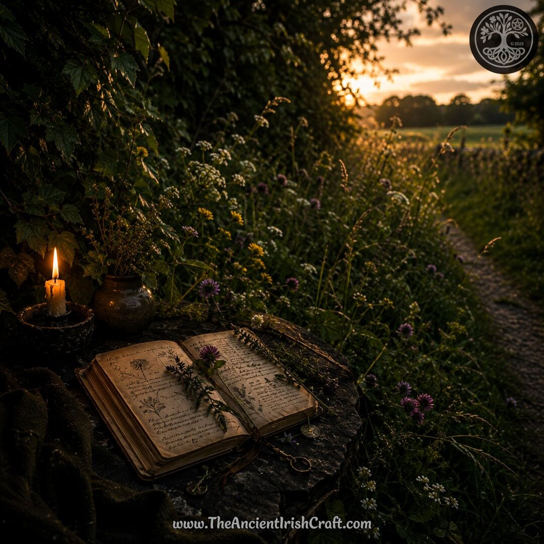 Witchy Irish meadow edge at golden hour with candlelight, open nature journal, wildflowers, herbs, and hedgerow path