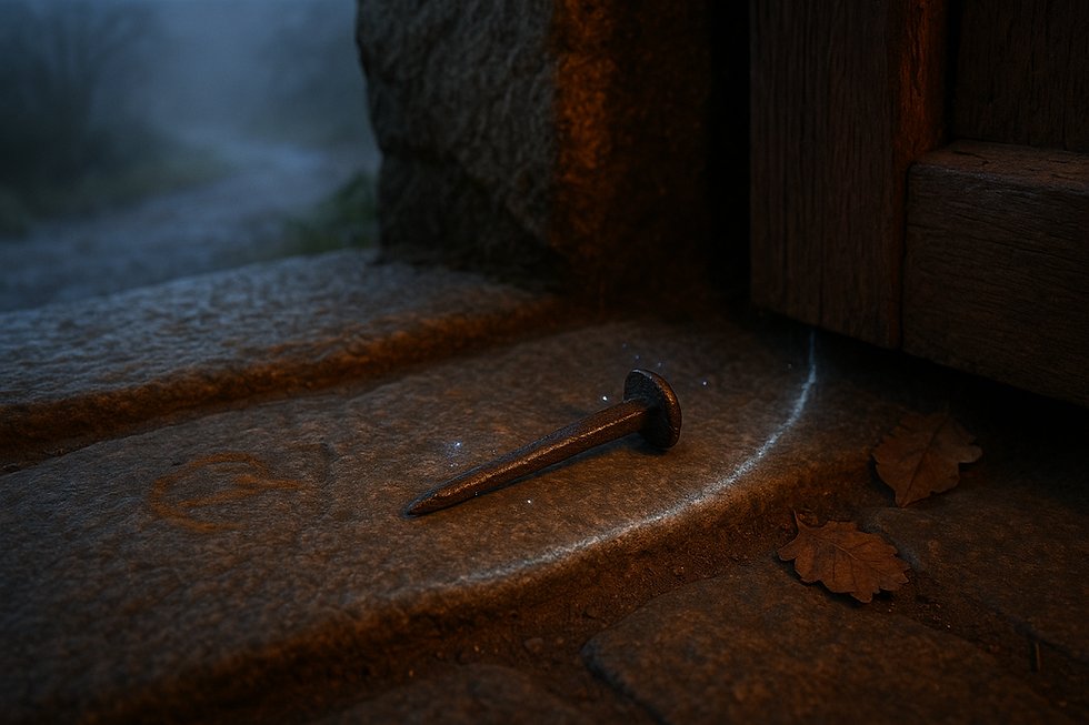 A dim Irish stone threshold shaped by Irish iron protection magic, an age-darkened iron nail resting quietly where wood meets stone as warm hearth light spills across the boundary while mist gathers outside, holding the ancient stillness of a subtle household ward.
