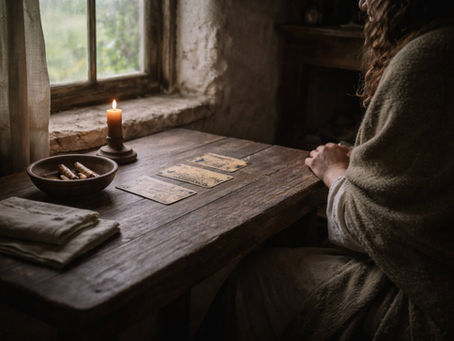 An Irish cottage interior with a quiet divination table, simple cards or ogham pieces, and a still witch presence sitting beside the unknown. This grounded, contemplative scene reflects the quieter side of divination within contemporary Irish witchcraft, where patience, honest attention, and right timing are honoured as deeply as clarity itself.