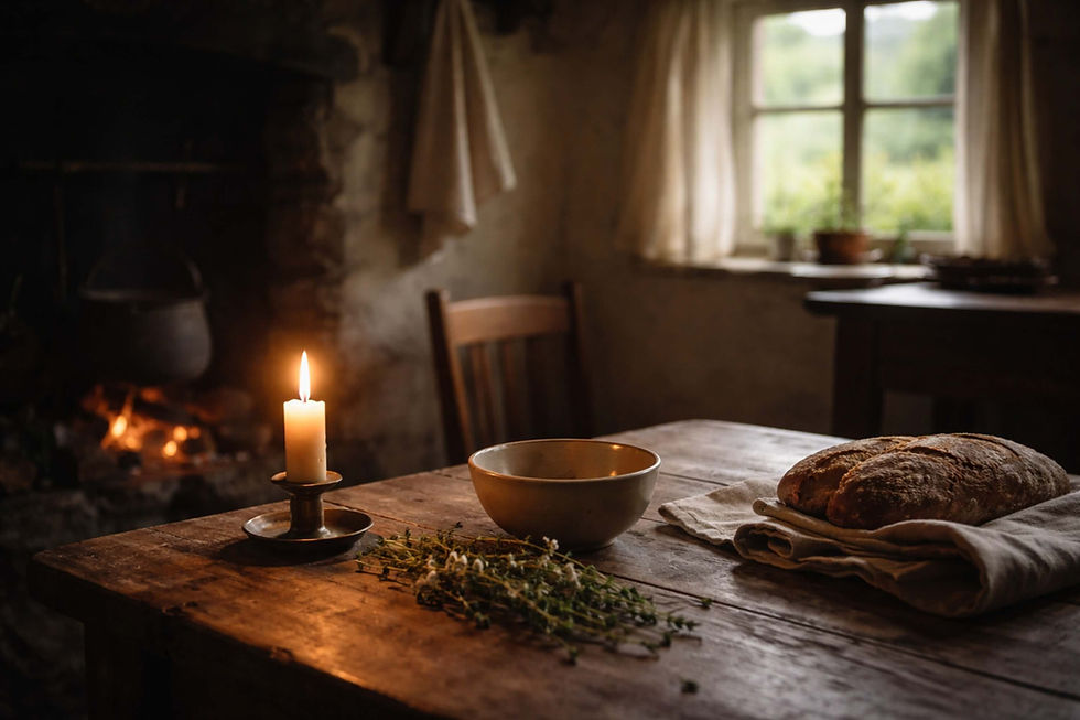 Simple Irish kitchen table with candle, herbs, and everyday objects, softly lit by natural light, symbolising witchcraft woven into daily life and practising without a dedicated ritual space in the Ancient Irish Craft.