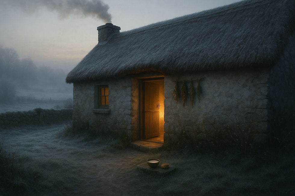 The outside of an old Irish cottage on a cold, frosty November morning, with warm orange hearth-light glowing through an open door. Bundles of dried herbs hang beside the doorway, and an offering of bread and a bowl of milk rests on the stone doorstep — evoking traditional Irish winter warding, first-smoke folklore, and ancestral hearth magic.