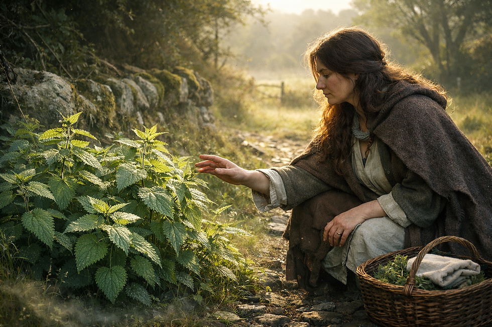 Witch kneeling beside wild stinging nettles along an Irish woodland path, morning light and mist revealing herbal wisdom, resilience, and the sacred teaching of protection through living plant strength.