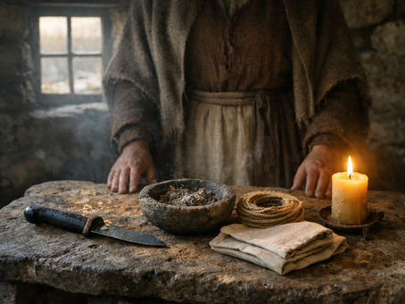 Early February Irish hearth ritual scene showing traditional witchcraft tools laid upon a stone table—ritual knife, herb bowl, cord, linen cloth and beeswax candle—bathed in soft dawn light, symbolising the Practice of Reclaiming the Working Tools as winter releases into the first movement of the bright season.