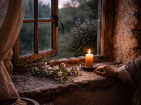 An Irish cottage interior at spring dusk, with a lit beeswax candle, an open window, and a flowering branch resting near the hearth in soft evening light. This grounded image reflects the gentle invitation of blessing within contemporary Irish witchcraft, where the brightening season is welcomed through beauty, reverence, and the quiet preparation of a home ready to receive what is good.