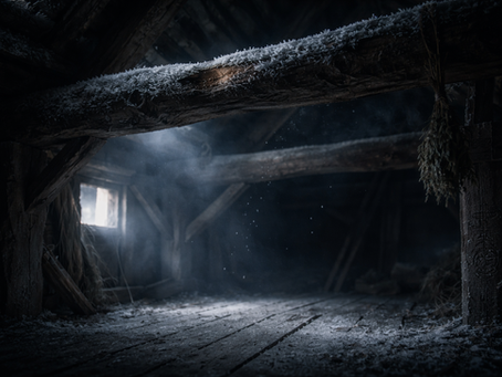 Frost-covered rafters of an old Irish barn at midwinter dusk, pale light revealing a small melted patch and drifting dust beneath the cold eaves, evoking the unseen presence of the Dóbin of the Cold Eaves and the subtle shifts of deep winter folklore.
