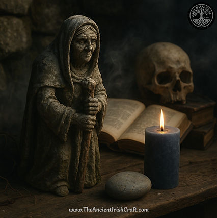 Stone statue of the Cailleach, the ancient Irish winter hag, standing beside a lit dark-blue candle, a smooth river stone, and an open old grimoire, with a human skull resting in the shadows; a misty, dimly lit ritual scene evoking Irish mythology, ancestral magic, and winter lore.