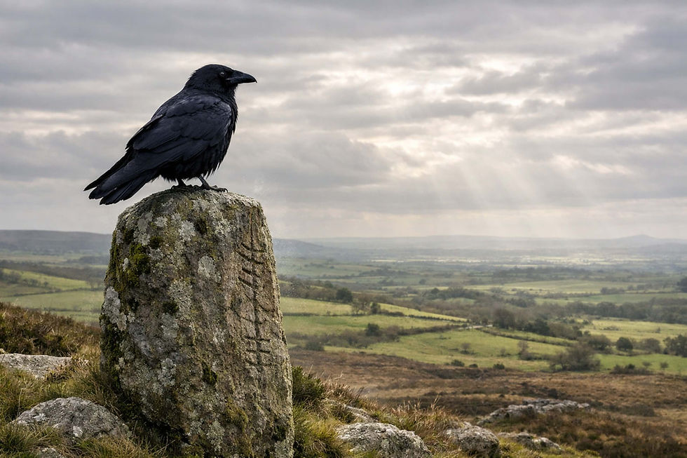 Raven perched on an ancient Irish standing stone overlooking open landscape, symbolising watchfulness, perception, and the quiet wisdom of observation within traditional Irish witchcraft and folklore.