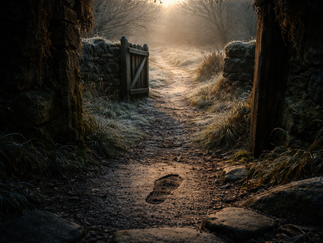 A single deliberate footprint crossing a frost-lined Irish threshold in late December, post-Solstice winter light touching ancient ground, quiet witchcraft of alignment and choosing the first step, Ancient Irish Craft.