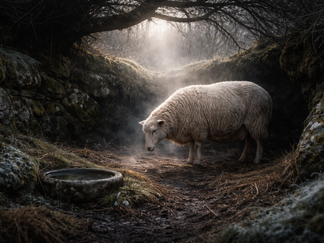 A pale Irish ewe standing in a sheltered stone hollow beneath winter branches, frost and peat beneath her hooves as mist and narrow light reveal first milk and quiet nourishment at Imbolc, symbolising hidden renewal in Irish seasonal wisdom.