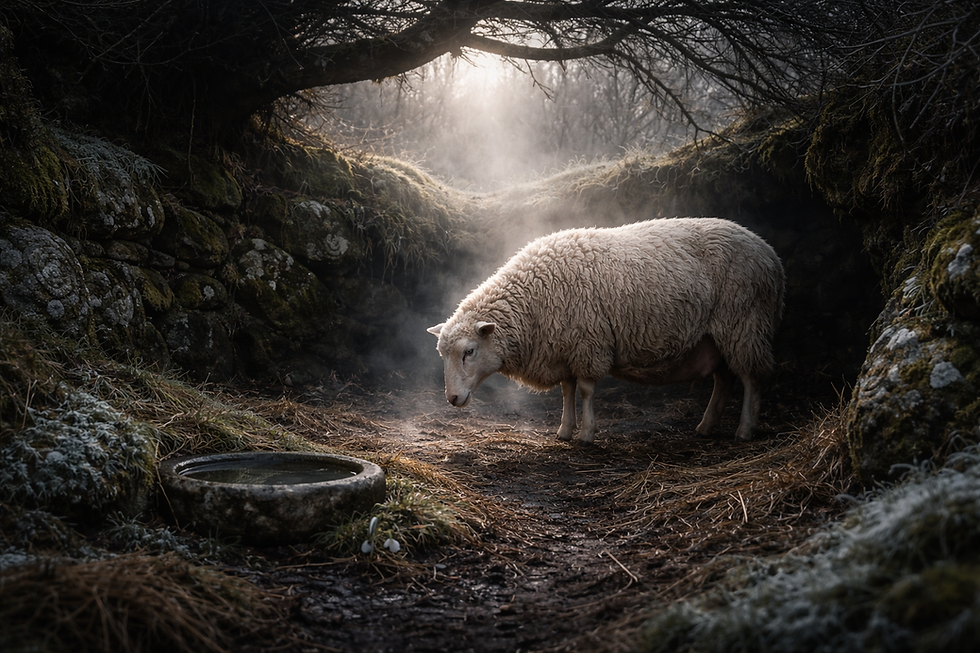 A pale Irish ewe standing in a sheltered stone hollow beneath winter branches, frost and peat beneath her hooves as mist and narrow light reveal first milk and quiet nourishment at Imbolc, symbolising hidden renewal in Irish seasonal wisdom.