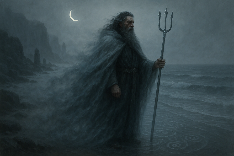 Manannán mac Lir stands on a mist-covered Irish shoreline beneath a waning crescent moon, his cloak made of shifting fog and sea-spray merging with rolling coastal mist. The silver-blue sea glows like living memory, swirling foam forming faint Celtic spirals around his feet. He holds a silver oar or trident-staff glowing with runic light, his hair and beard moving in the salt wind. Behind him, rocky cliffs and ancient standing stones fade in and out of the mist, creating a vast, sacred atmosphere between tide and sky. A powerful visual of Manannán mac Lir in Irish mythology — guardian of thresholds, sea mist, and the Otherworld.
