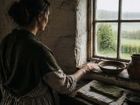 An Irish cottage morning scene with a quiet witch presence resting one hand on a weathered windowsill or bowl of wash water in pale early light beside linen, stone, and old timber. This grounded image reflects the gentle wisdom of contemporary Irish witchcraft, where the day is not rushed into but touched with intention, allowing gesture, presence, and the quiet work of the hand to gather the spirit before the world fully begins.
