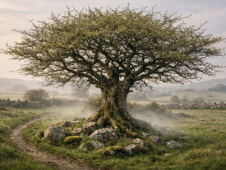 Solitary hawthorn tree standing in a misty Irish field with early spring buds forming on thorny branches, symbolising the sacred fairy trees of Irish folklore and the hidden places where the otherworld is believed to touch the land.