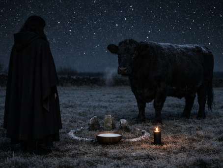 A dark Irish cow stands quietly beside a solitary witch in a frost-covered field beneath a clear star-filled winter sky, with a black candle and untouched bowl of milk, symbolising restraint, abundance, and late January wisdom in Irish witchcraft.