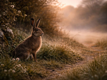 An Irish hare standing alert at the edge of a spring field beneath a pale sky, surrounded by rough grass, hedgerow, and the quiet lift of mid-April land. This grounded image reflects the animal wisdom of contemporary Irish witchcraft, where the hare teaches watchfulness, readiness, and the charged stillness that comes before true movement begins.