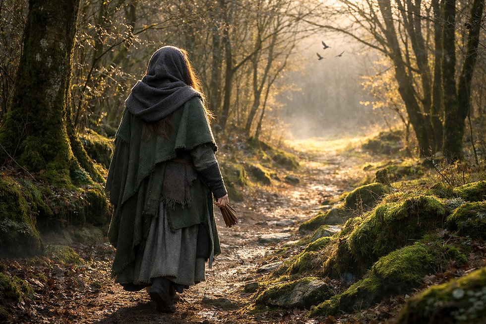 A solitary Irish witch walks an opening woodland path beneath soft winter sunlight, symbolising mid-February divination through the Reading of Unexpected Ease where aligned timing reveals the natural way forward.