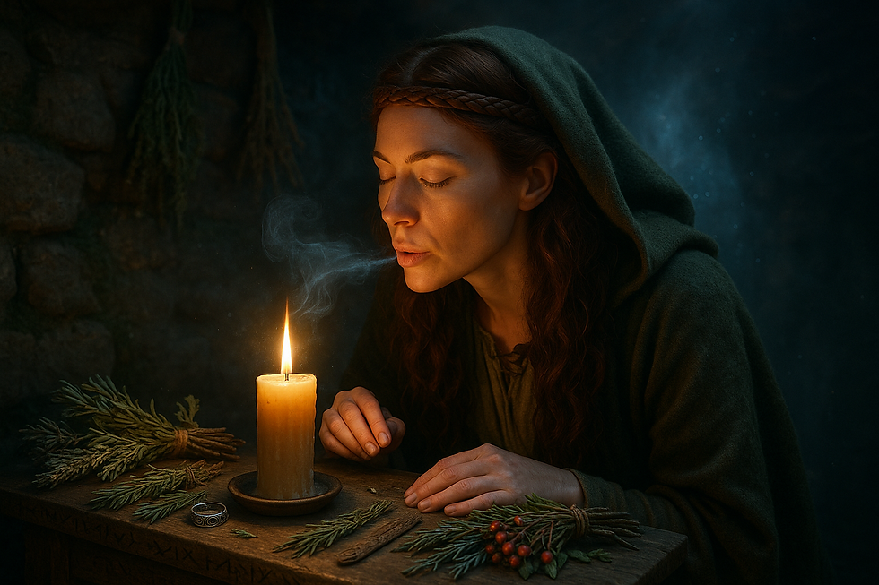 A witch in dark robes whispers a spell into the flame of a candle, her breath glowing faintly. She sits at a wooden table in a dimly lit cottage, illuminated only by candlelight, with soft smoke drifting in the background.