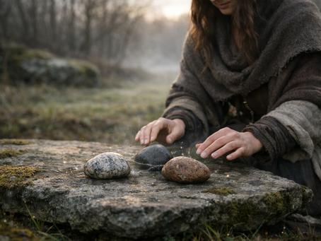 Irish witch grounding beside three sacred stones in an early March landscape, performing a land-based grounding practice at dawn, symbolising stability, balance, and rooted strength before seasonal growth begins.