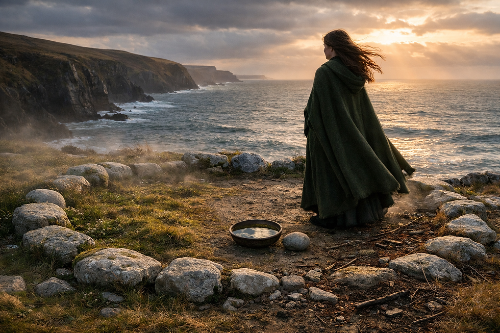 Cloaked witch standing within a mossy coastal stone circle at sunset, wind and sea reflecting the balance between movement and restraint, capturing Irish witchcraft wisdom about rhythm, patience, and alignment with the land.