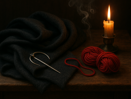 An old iron cloak pin rests beside red thread on black fabric, lit softly by a single white candle on a wooden table in a dim cottage room.