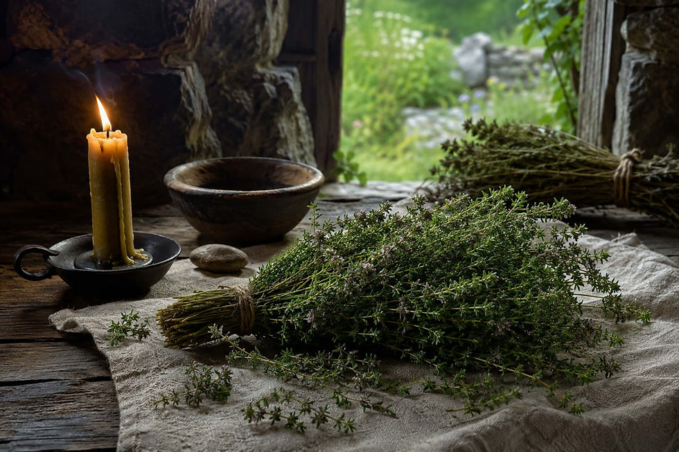 Irish witchcraft still life with fresh thyme gathered on linen beside candlelight, stone, wooden bowl, and old cottage window, symbolising herbal wisdom, folk magic, courage, purification, and quiet strength within The Ancient Irish Craft™.