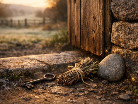 Ancient Irish stone threshold at dawn with protective herbs, iron key, and land-stone resting against a cottage foundation, symbolising strengthened wards, rooted protection, and late-February grounding in traditional Irish Craft wisdom.