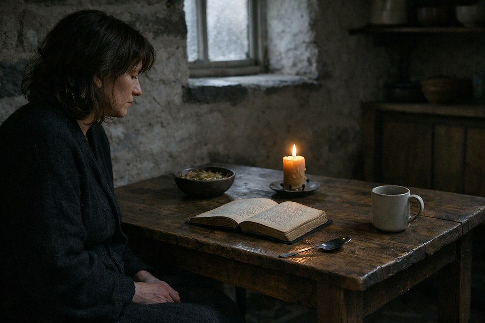 A quiet Irish cottage interior in late January, where a solitary witch pauses beside a candlelit table, noticing a small disturbance—an object out of place—symbolising subtle divination through attention in traditional Irish witchcraft.