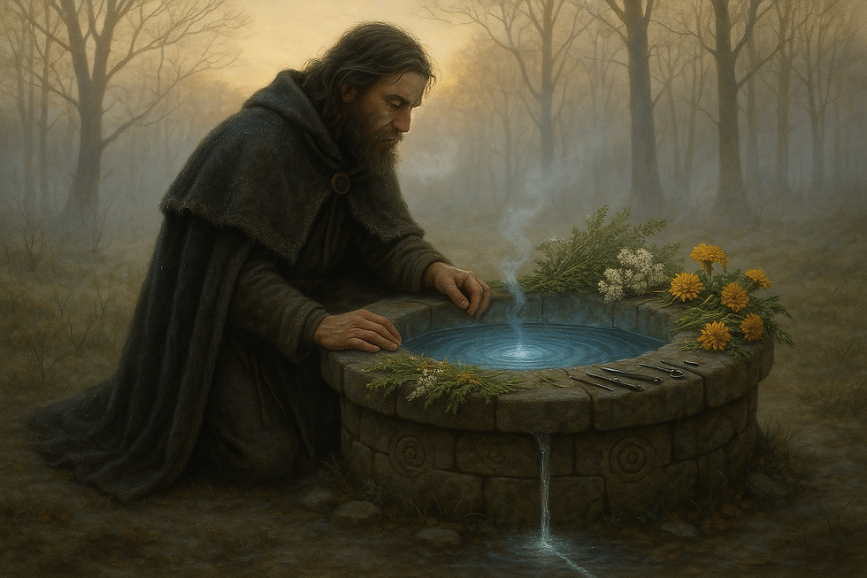 Dian Cécht kneels by a glowing whirlpool well in an autumn woodland, smoke rising as herbs and metal tools rest around its bright blue water.