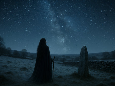 Witch beneath a deep Irish winter night sky, frost-lined field and bright descending stars, listening to the Star-Well of Winter in quiet December darkness.