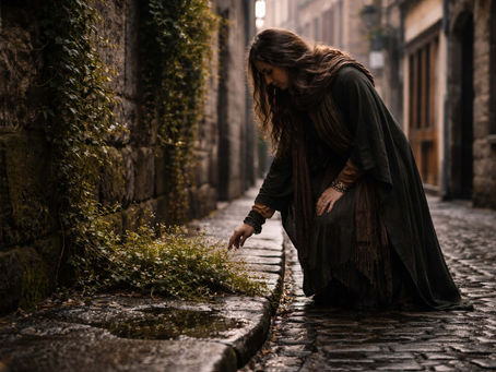 Witch standing in a quiet Irish city street observing moss and small plants growing through stone, symbolising urban witchcraft, awareness, and the presence of nature within modern environments in the Ancient Irish Craft.
