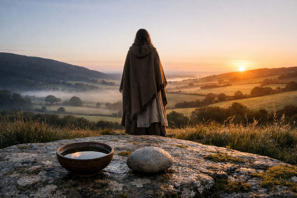 Solitary witch standing on an Irish hillside at sunrise during the spring equinox, balanced light and shadow across the landscape symbolising seasonal equilibrium and the turning of the year in Irish witchcraft tradition.