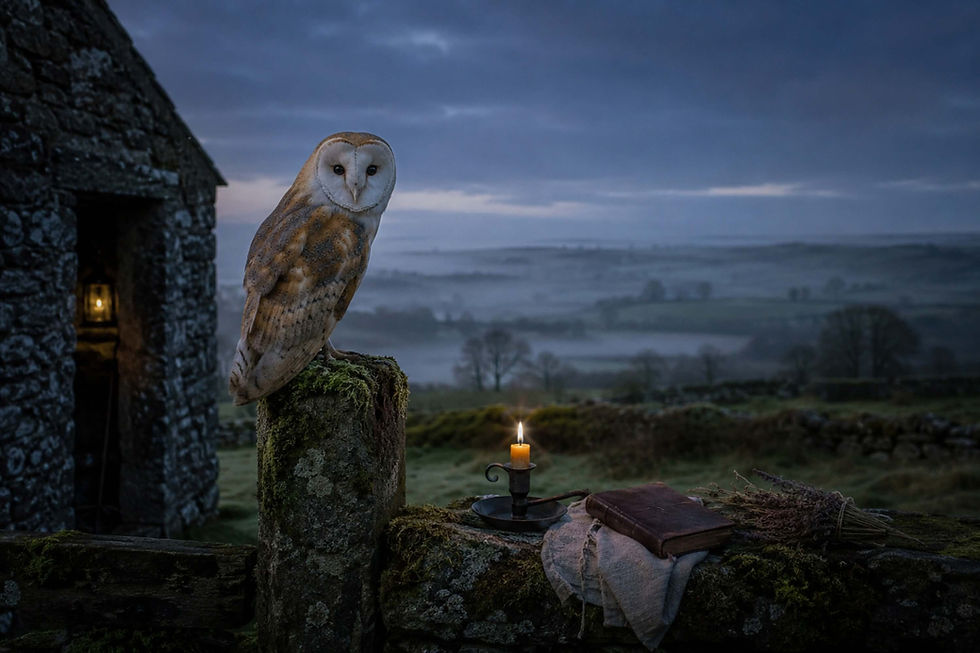 Irish-Celtic witchcraft scene at twilight, showing a barn owl perched on a moss-covered stone post beside an old Irish cottage, candlelight, a weathered book, linen, and gathered herbs, symbolising owl wisdom, deeper sight, quiet listening, and the gift of seeing clearly through darkness within The Ancient Irish Craft™.