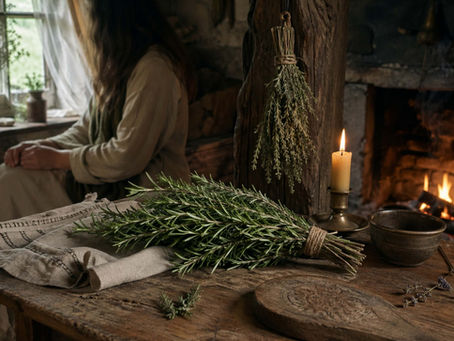 Irish-Celtic image of fresh rosemary laid near an old cottage hearth beside candlelight, linen, and earthenware, expressing herbal wisdom, remembrance, clarity, and quiet home protection within a grounded Irish witchcraft setting.