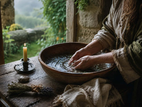 Atmospheric Irish witchcraft image showing hands washing slowly in a clay water bowl beside a candle, herbs, linen cloth, and stone on a rustic cottage table, symbolising ritual cleansing, preparation, and quiet intention before sacred work within The Ancient Irish Craft™.