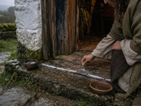 A photorealistic Irish cottage threshold marked with salt and ash as a quiet witch presence tends the boundary in calm stillness. This sacred land-based scene reflects the folk understanding that edges and entrances hold meaning, and within contemporary Irish witchcraft it speaks of protection, clarity, and the careful keeping of home.