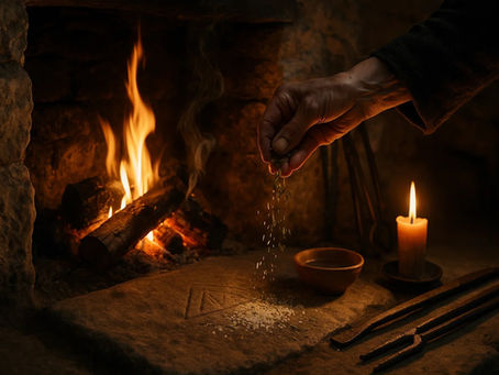 Inside a rustic Irish cottage, a warm hearth glows against aged stone walls while a witch sprinkles salt and crushed juniper and rosemary at the base of the hearth stone. Soft amber firelight illuminates flickering embers, a small bowl of saltwater, and a burning candle beside worn iron tools. Gentle smoke rises through the golden light, creating a sacred atmosphere of Irish hearth magic, winter protection, and home-blessing ritual.