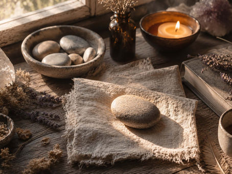 Irish witchcraft still life of a sun-warmed stone resting on natural linen beside candlelight, dried herbs, rustic bowls, and soft window light, symbolising gentle folk magic, seasonal steadiness, and quiet return within The Ancient Irish Craft™.