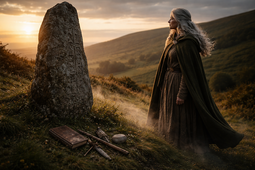An experienced Irish witch stands beside an ancient ogham-carved standing stone at dusk, weathered ritual tools resting nearby, symbolising the deepening maturity of witchcraft practice shaped by time, land, and lived wisdom.