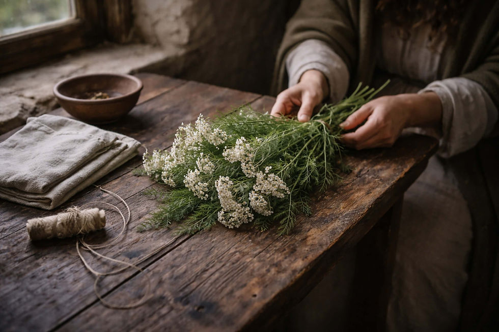 A bundle of yarrow resting on weathered wood beside linen and earthenware in an old Irish setting, with a quiet witch presence tending the herb with care. This grounded herbal scene reflects the older wisdom of mending within folk tradition and contemporary Irish witchcraft, where yarrow speaks of repair, gathering what is frayed, and restoring strength through patient attention.