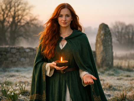 Brigid at Imbolc standing in a frost-touched Irish field at dawn, green-robed with long red wavy hair and a small flame in her hands, snowdrops and standing stone behind her as mist and first light mark the gentle return of warmth and sacred renewal in Irish mythology.
