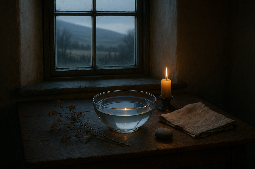 A still bowl of water on a wooden cottage table shaped by the Still-Water Reset ritual, reflecting soft candlelight and misted November sky as meadowsweet, linen, and a river stone rest nearby, creating a quiet space of Irish water magic and inner clarity.