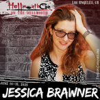 Jessica Brawner in front of sketch of bookcases.