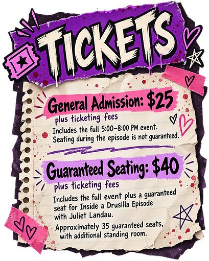 Ticket information for Drusilla After Dark: General Admission is $25 plus ticketing fees and Guaranteed Seating is $40 plus ticketing fees.