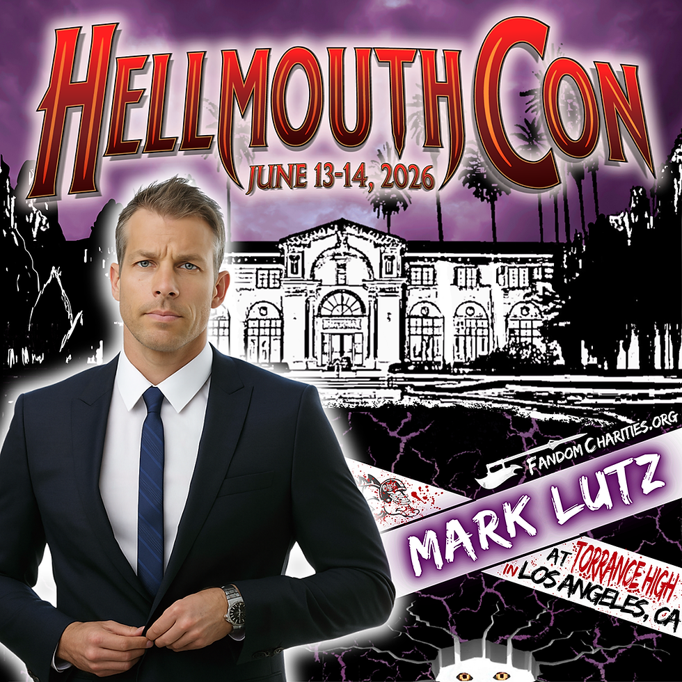 in a suit stands in front of a sketched building with palm trees. "HELLMOUTH CON June 13-14, 2026" is in bold red text above.