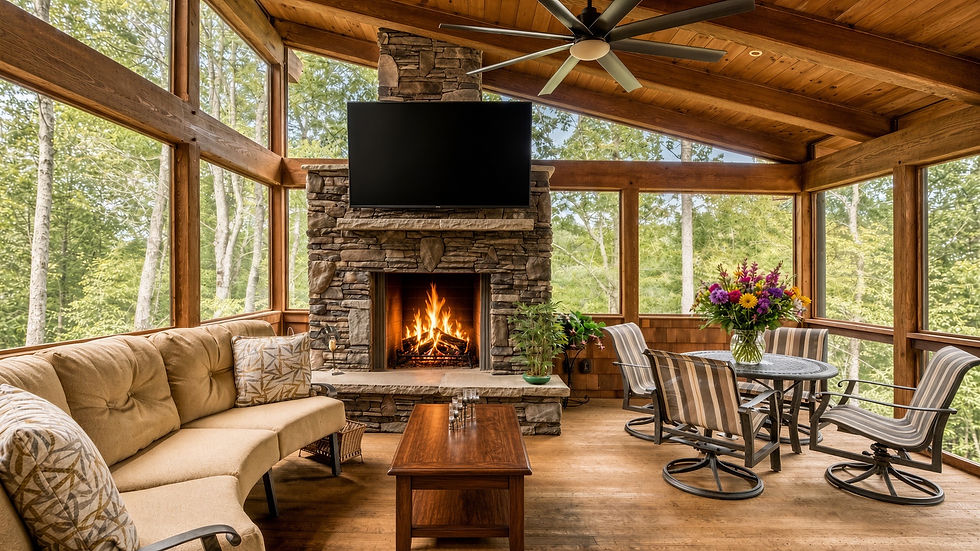 rustic screened room with fireplace
