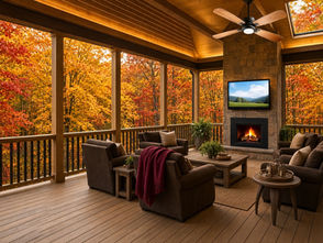 screened porch with fireplace