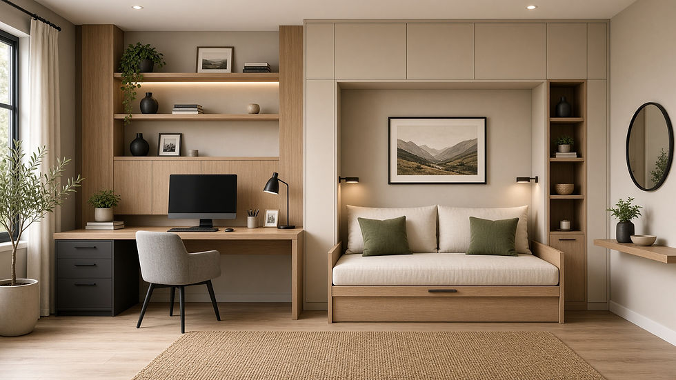 flex room with home office and bed